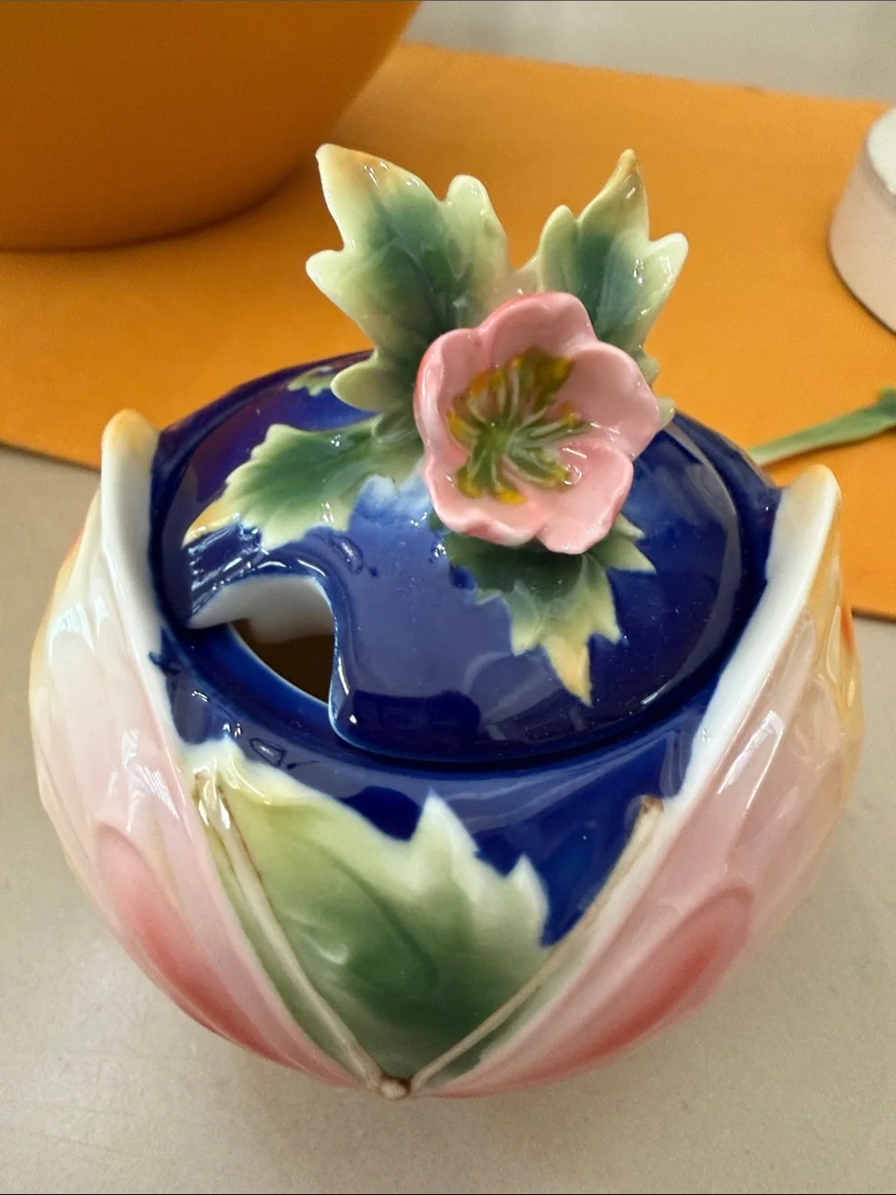 Pier 1 Blue Floral Ceramic Bowl with Pink Flower Chip Rest and Blue Spoon